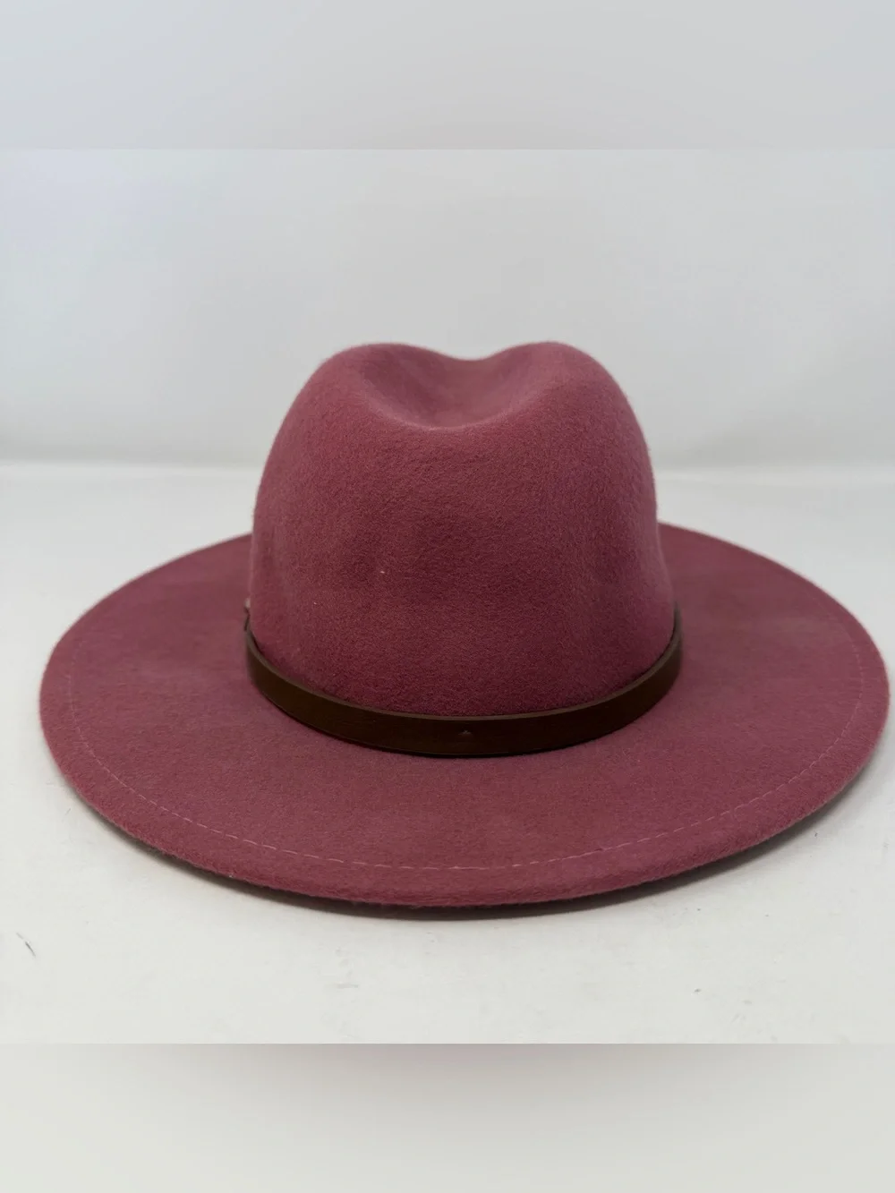 Anthropologie Pink Wool Wide Brim Fedora Hat Leather Band Womens One Size